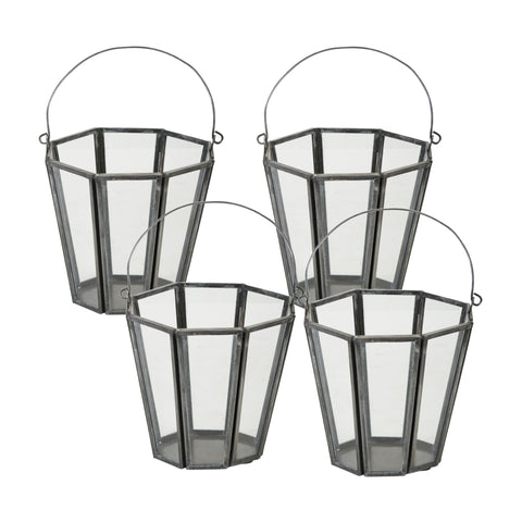 Set of Four Gray Distressed Geometric Iron And Glass Tabletop Votive Candle Holders
