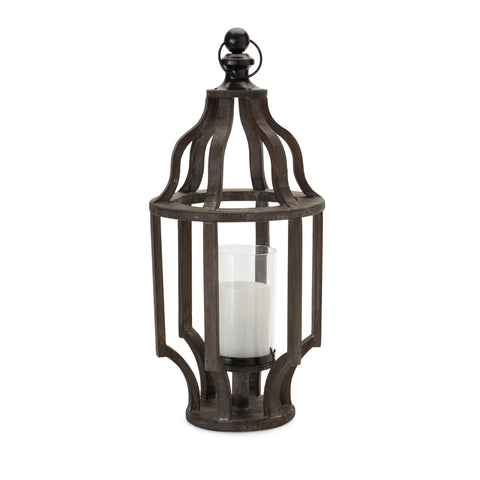 23" Black Geometric Wood And Glass Tabletop Lantern Candle Holder