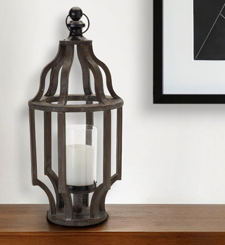 23" Black Geometric Wood And Glass Tabletop Lantern Candle Holder