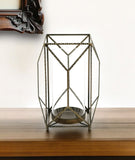 12" Gold Distressed Geometric Iron And Glass Floor Hurricane Candle Holder
