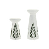 Set of Two Green And White Distressed Botanical Leaf Ceramic Tabletop Pillar Candle Holders