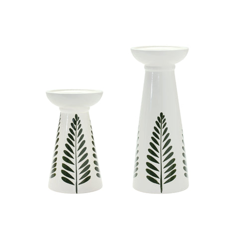 Set of Two Green And White Distressed Botanical Leaf Ceramic Tabletop Pillar Candle Holders