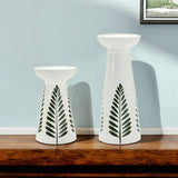 Set of Two Green And White Distressed Botanical Leaf Ceramic Tabletop Pillar Candle Holders