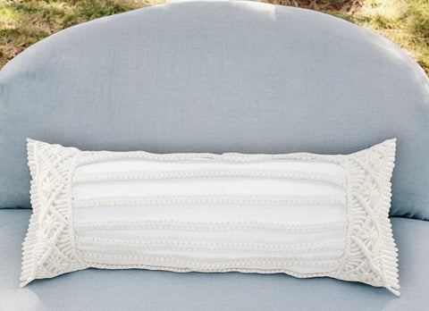 14" X 36" White Textured Indoor Outdoor Throw Pillow With Fringe
