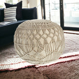 20" Cream Cotton Tufted Round Geometric Pouf Ottoman