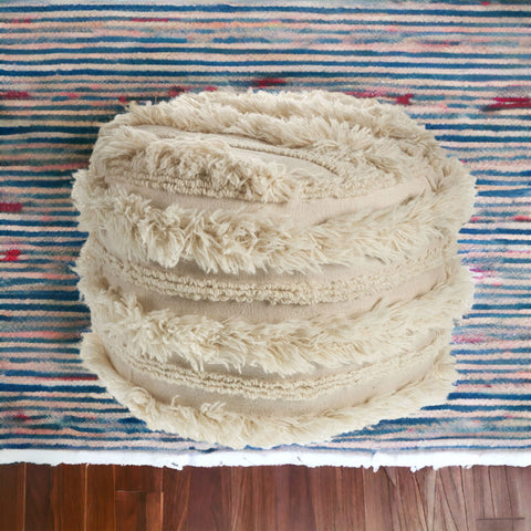 18" Ivory Cotton Striped Round Pouf Ottoman