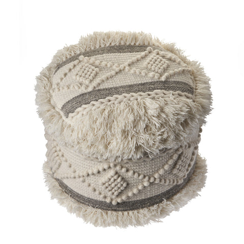 18" Cream Wool Cotton Blend Geometric Round Pouf Ottoman