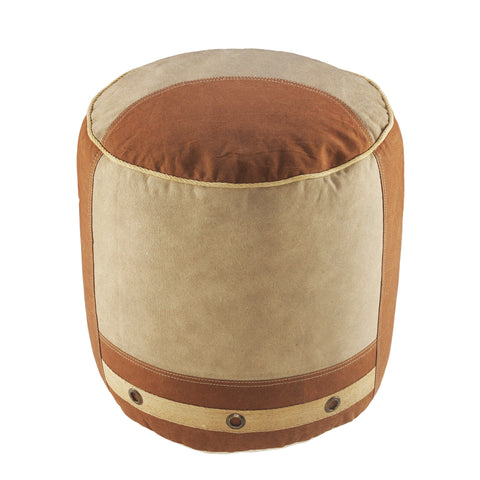 16" Tan Cotton Cylinder Striped Pouf Ottoman