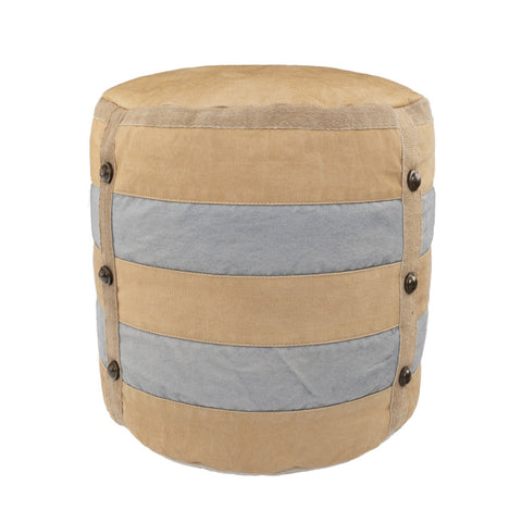 16" Tan Cotton Cylinder Striped Pouf Ottoman