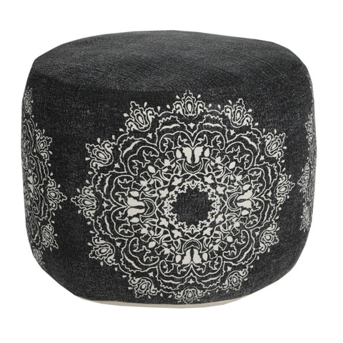 18" Black Cotton Cylinder Medallion Pouf Ottoman