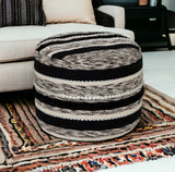 18" White Cotton Cylinder Striped Pouf Ottoman