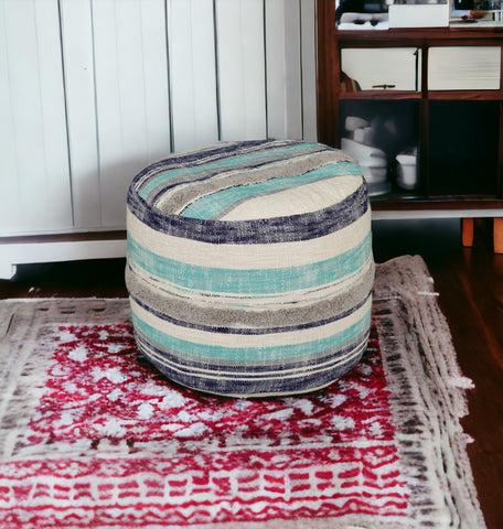 18" Blue Cotton Cylinder Striped Pouf Ottoman