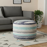 18" Blue Cotton Striped Cylinder Pouf Ottoman