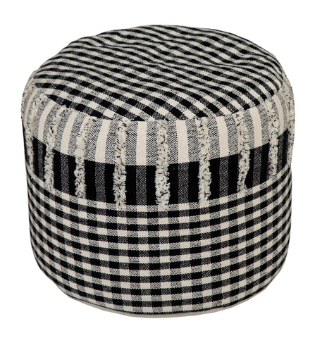 18" Black Cotton Cylinder Plaid Pouf Ottoman