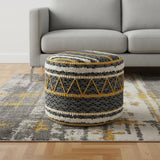 18" Black Cotton Striped Cylinder Pouf Ottoman