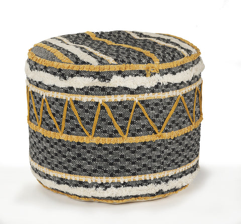 18" Black Cotton Cylinder Striped Pouf Ottoman