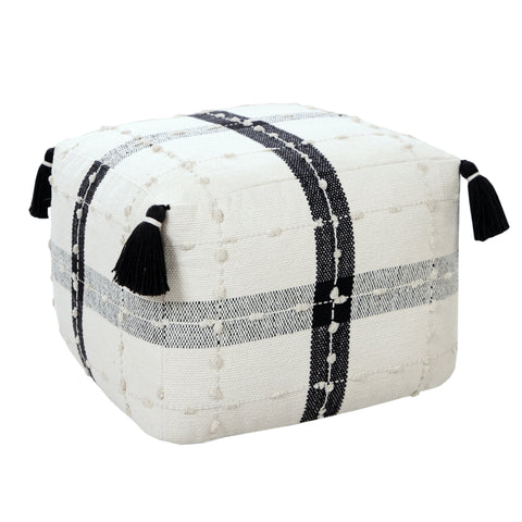 18" Black Cotton Striped Pouf Ottoman
