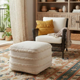 18" Cream Cotton Tufted Striped Cube Pouf Ottoman