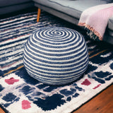 20" Blue Cotton Blend Round Striped Pouf Ottoman