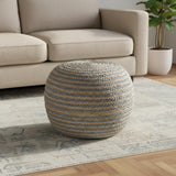 20" Gray Cotton Blend Striped Round Pouf Ottoman