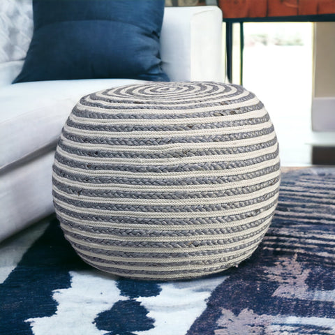20" Gray Cotton Blend Round Striped Pouf Ottoman