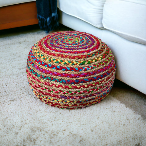 20" Rainbow Cotton Blend Round Striped Pouf Ottoman