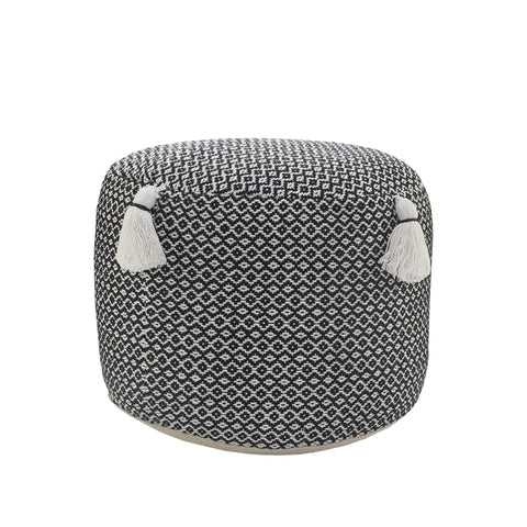 18" Black Cotton Cylinder Geometric Pouf Ottoman