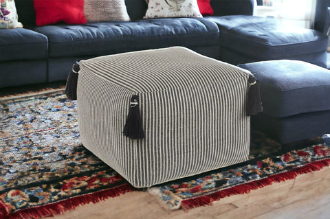 18" Gray Cotton Striped Pouf Ottoman