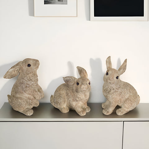 Set of Three 7" Stone Cement Rabbit Figurine Tabletop Sculpture