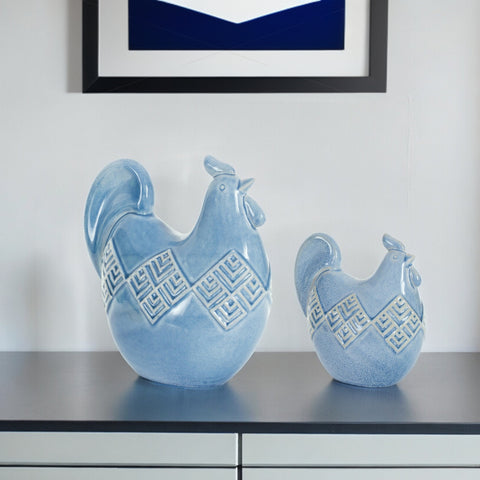 Set of Two Blue Ceramic Chicken Figurines