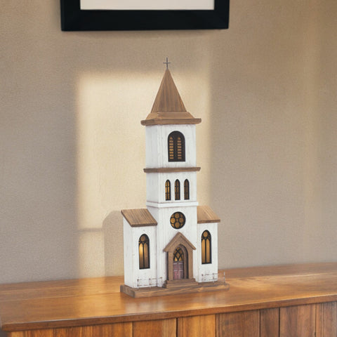 25" Brown And White Wood And Metal Church Tabletop Sculpture