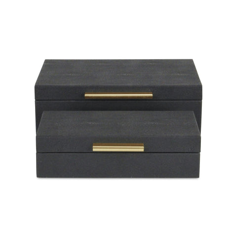 12" Set Of Two Black Solid Wood Jewelry Box With Decorative Hardware