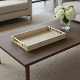 16" Cream Wood and Vinyl Faux Shagreen Serving Tray With Gold Handles