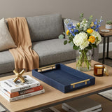 16" Navy Blue Wood Faux Shagreen Serving Tray With Handles