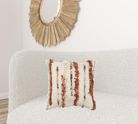 20" Ivory Rust And Black Wool Striped Throw Pillow