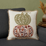 18" Ivory Green And Red Cotton Pumpkins Throw Pillow with Embroidery