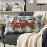 14" X 26" Blue And Orange Harvest Plaid Wool Blend Lumbar Throw Pillow with Embroidery