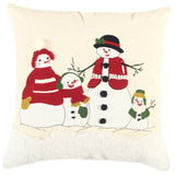 20" Ivory And Red Cotton Christmas Snowman Throw Pillow with Applique Embroidery And Pom Poms