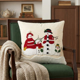 20" Ivory And Red Cotton Christmas Snowman Throw Pillow with Applique Embroidery And Pom Poms