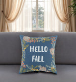 18" Blue And Ivory Hello Fall Cotton Throw Pillow with Embroidery