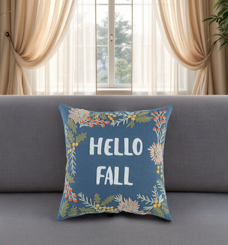 18" Blue And Ivory Hello Fall Cotton Throw Pillow with Embroidery