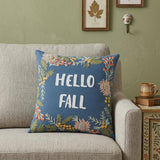 18" Blue And Ivory Hello Fall Cotton Throw Pillow with Embroidery