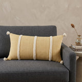 14" X 26" White And Yellow Lumbar Weave Cotton Throw Pillow with Tassels