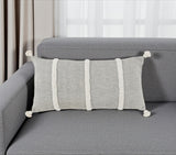 14" X 26" Gray And White Lumbar Weave Cotton Throw Pillow with Tassels