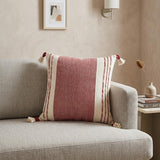 20" Red and White Color Block Cotton Throw Pillow With Tassels