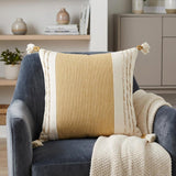 20" Yellow and White Color Block Cotton Throw Pillow With Tassels