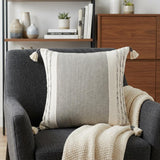 20" Gray and White Color Block Cotton Throw Pillow With Tassels