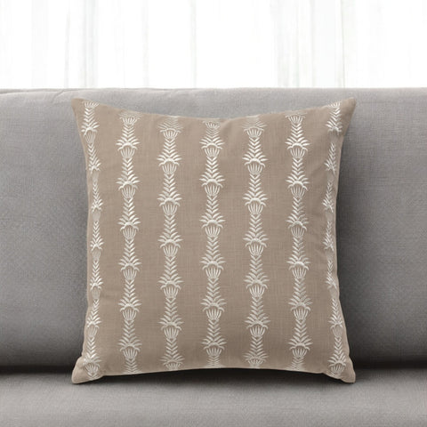 20" Taupe and White Cotton Throw Pillow With Embroidery