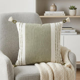 20" Green and White Color Block Cotton Throw Pillow With Tassels