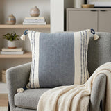 20" Blue and White Color Block Cotton Throw Pillow With Tassels